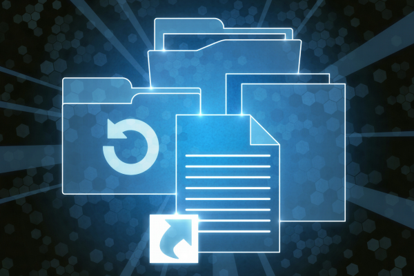 A graphic of transparent blue digital folders and document icons on top of a dark background