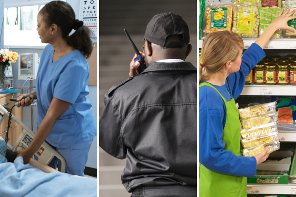 A composition of three photos: A nurse in a blue uniform checking someone's blood pressure, a security guard facing away from the camera talking into a walkie talkie, and a supermarket employee stacking shelves on the night shift