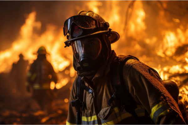A fireman in fire with Personal protective equipment equipment on